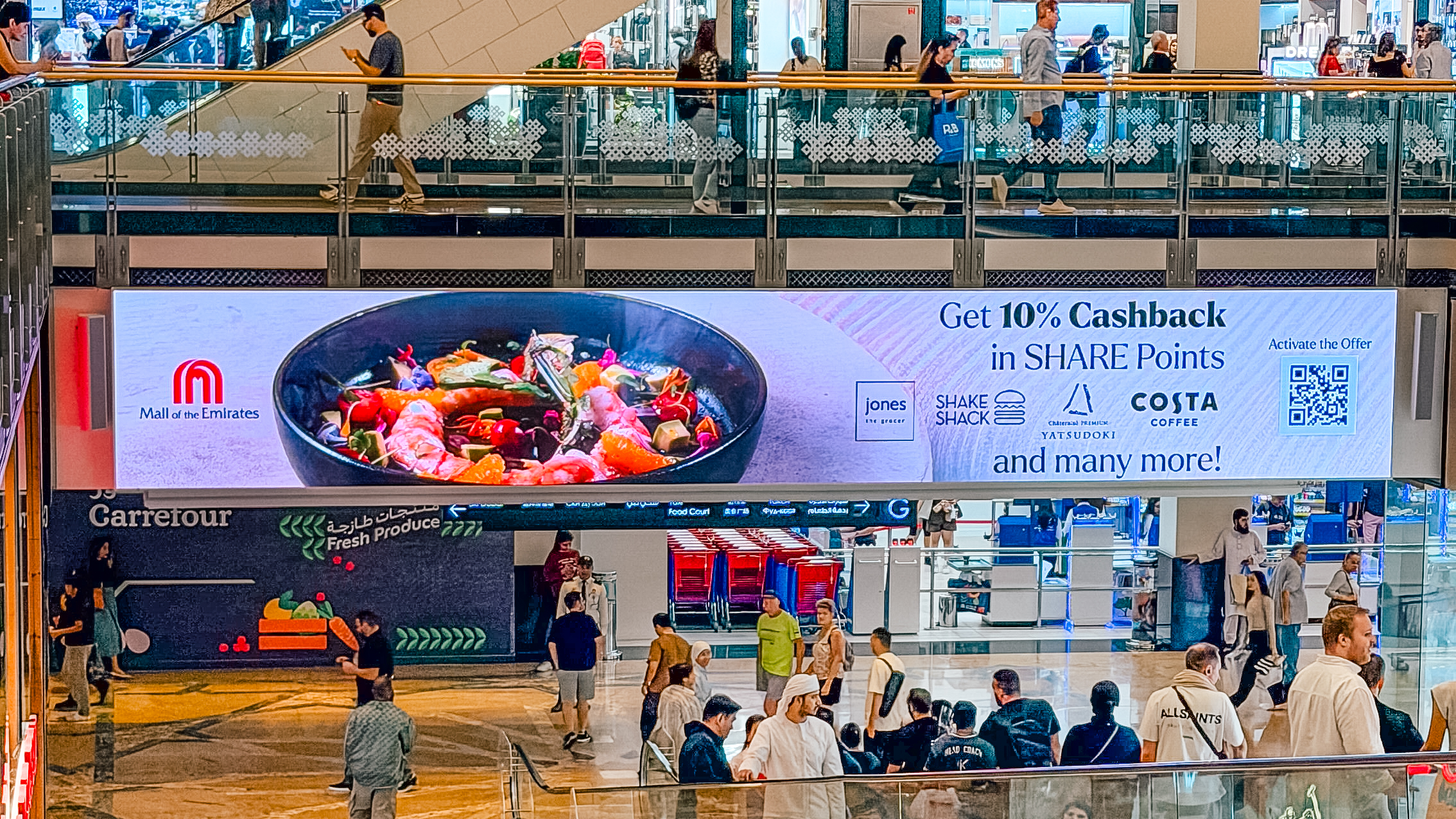 The SHARE Points cashback billboard spanning the walkway above shoppers at Mall of the Emirates.