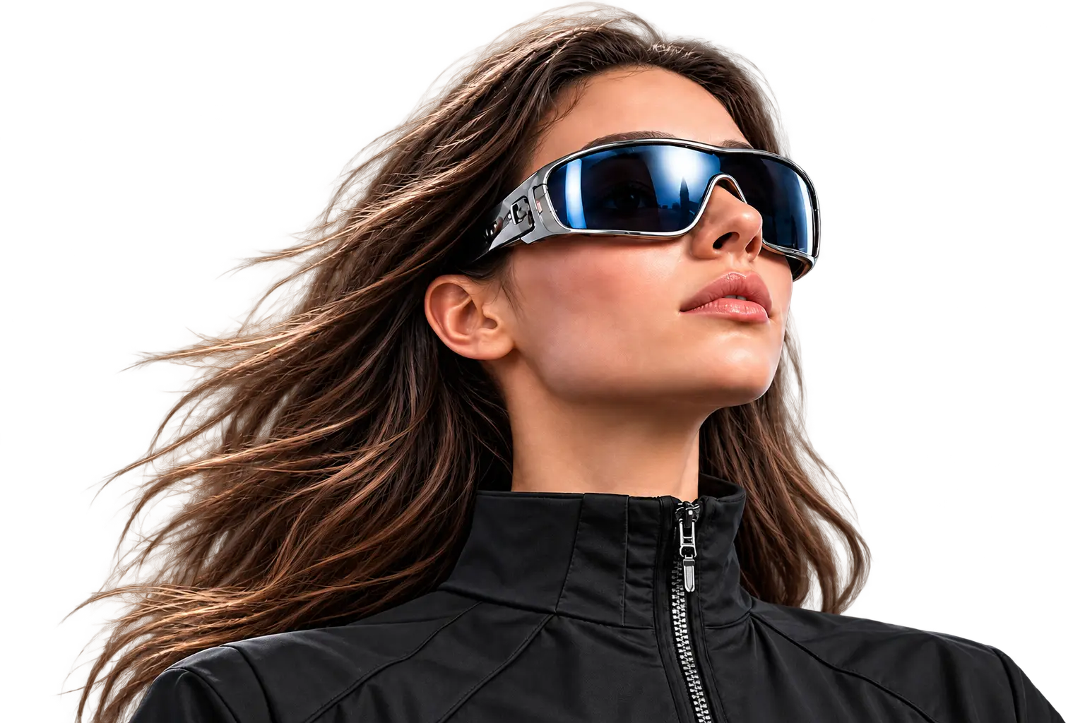 Woman in a black jacket wearing reflective smart glasses, looking upward